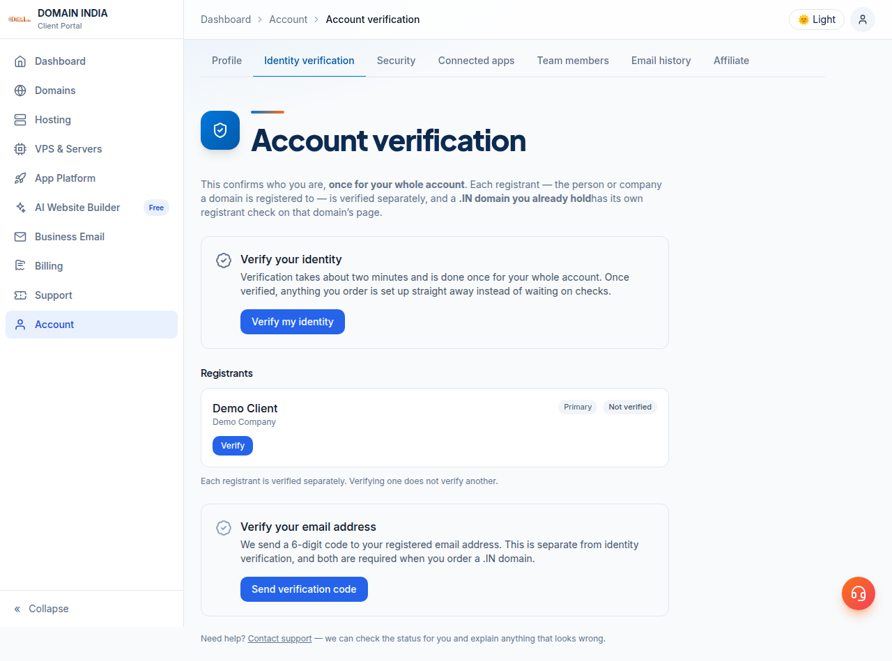 Account verification page, not yet verified: a Verify my identity button, a Registrants card marked Not verified with Verify, and a Send verification code button
